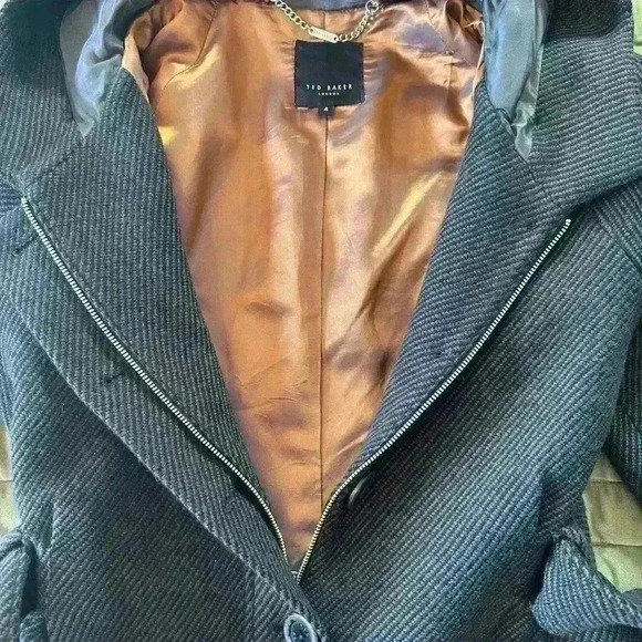 Ted Baker London Wool Hooded Belted Coat Women’s Size 4 Gray Jacket - Picture 3 of 6